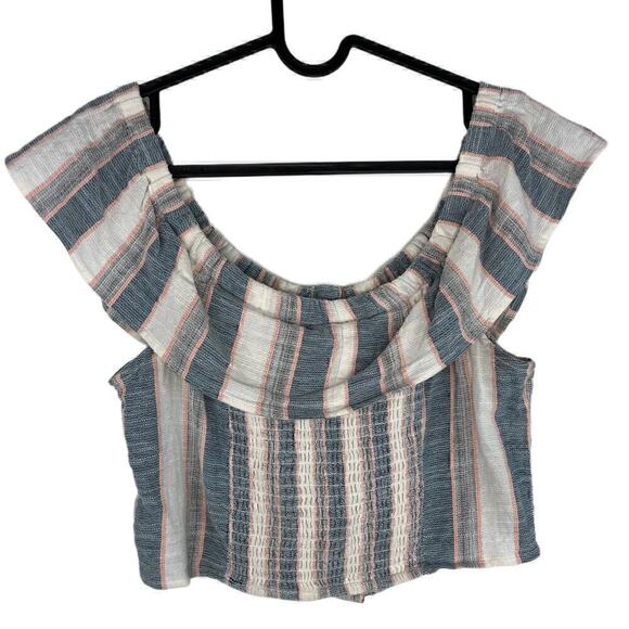 Altar'd State Striped Button Front Off the Shoulder Gauzy Crop Top Size Medium - Picture 2 of 7
